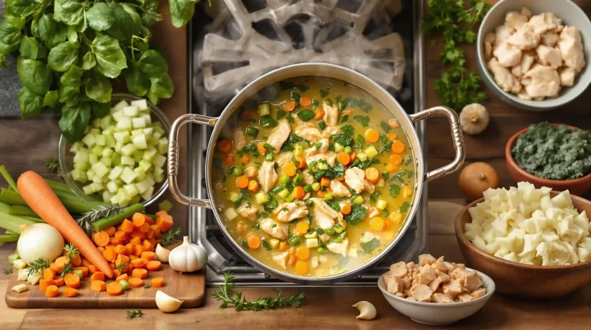 A pot of Chicken Florentine Soup simmering on the stove, with diced vegetables and shredded chicken visible. A pot of Chicken Florentine Soup simmering on the stove, with diced vegetables and shredded chicken visible.