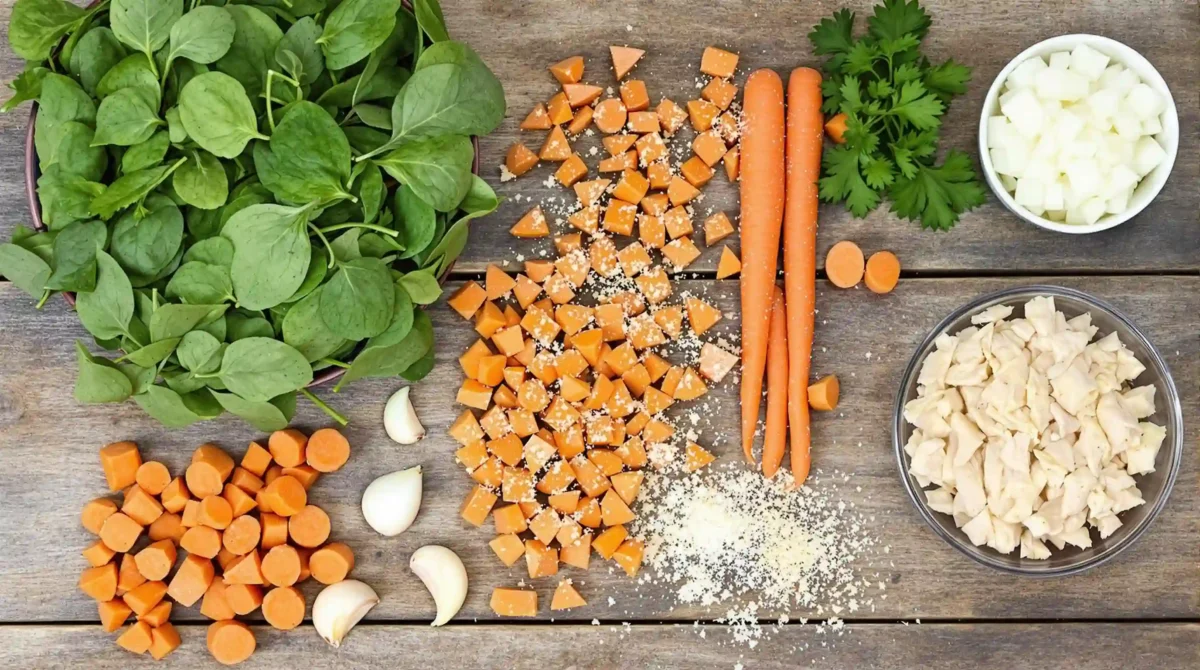 Ingredients for Chicken Florentine Soup including chicken, spinach, carrots, celery, and herbs arranged on a wooden cutting board Ingredients for Chicken Florentine Soup including chicken, spinach, carrots, celery, and herbs arranged on a wooden cutting board