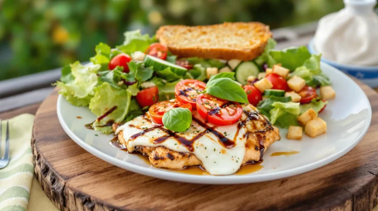 Plated Grilled Chicken Margherita served with a side of garlic bread and a fresh garden salad, perfect for a summer dinner.