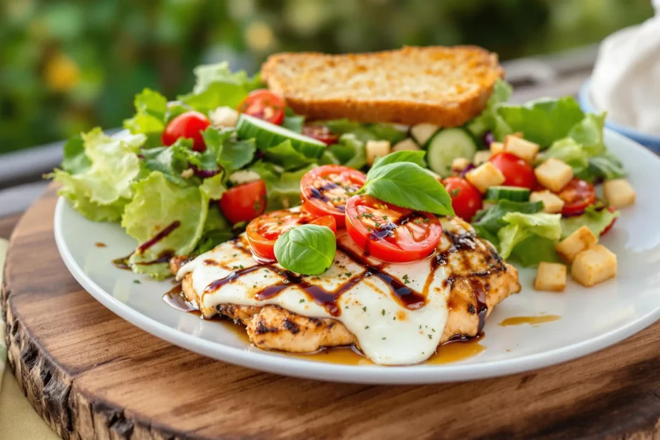 Plated Grilled Chicken Margherita served with a side of garlic bread and a fresh garden salad, perfect for a summer dinner.