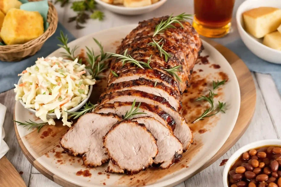 A beautifully plated dish featuring sliced smoked pork loin, garnished with fresh herbs, alongside coleslaw and baked beans.