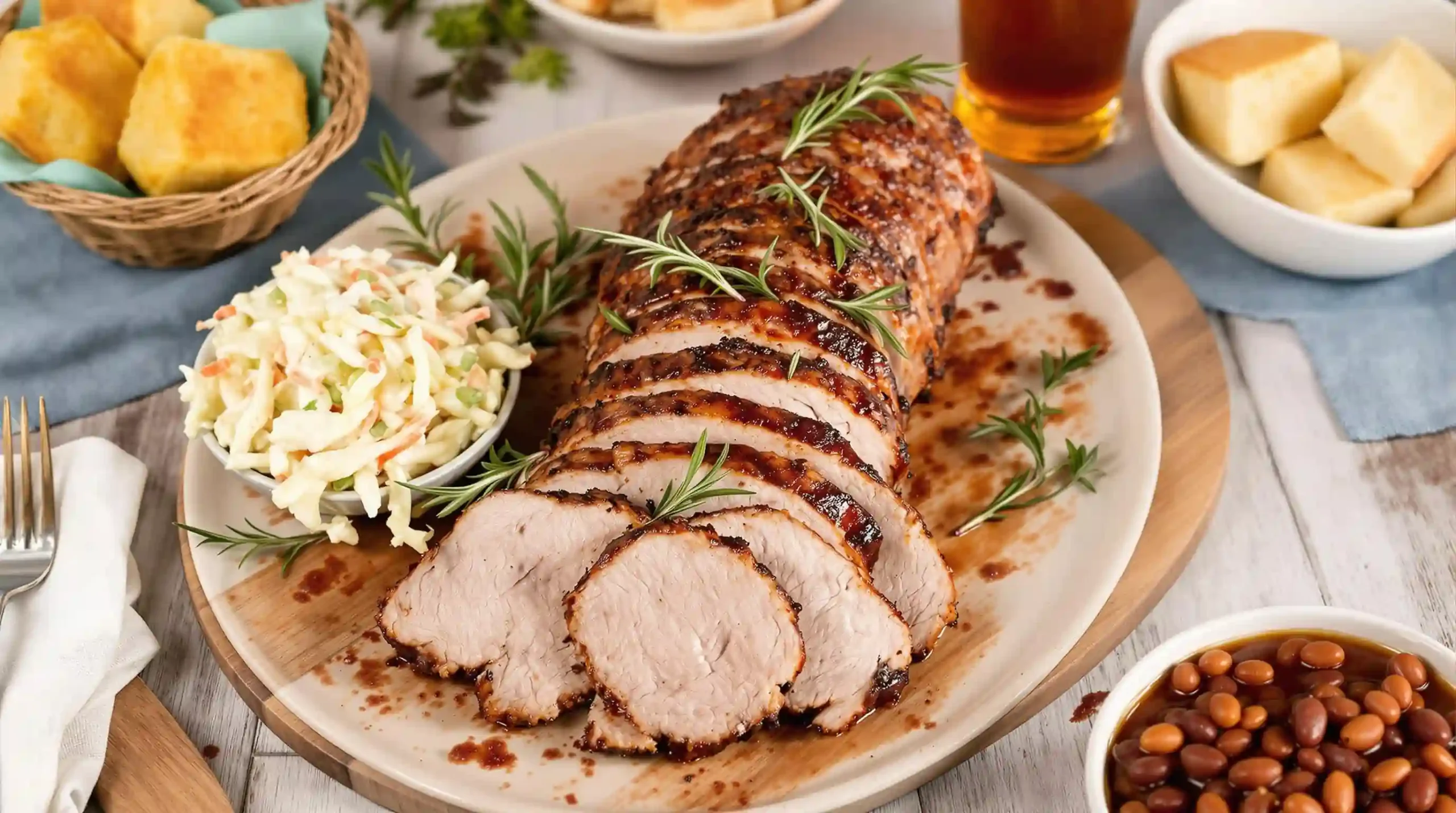 A beautifully plated dish featuring sliced smoked pork loin, garnished with fresh herbs, alongside coleslaw and baked beans.