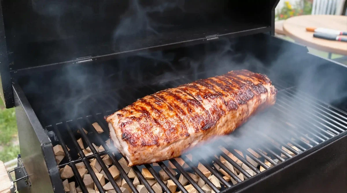 A pork loin placed on the grill of a smoker, with smoke rising and wood chips visible, creating a rustic barbecue atmosphere A pork loin placed on the grill of a smoker, with smoke rising and wood chips visible, creating a rustic barbecue atmosphere