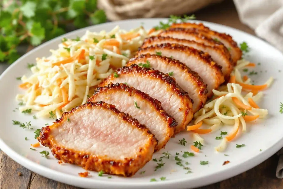 Plated smoked pork belly served with baked beans and cornbread, creating a delicious barbecue meal.