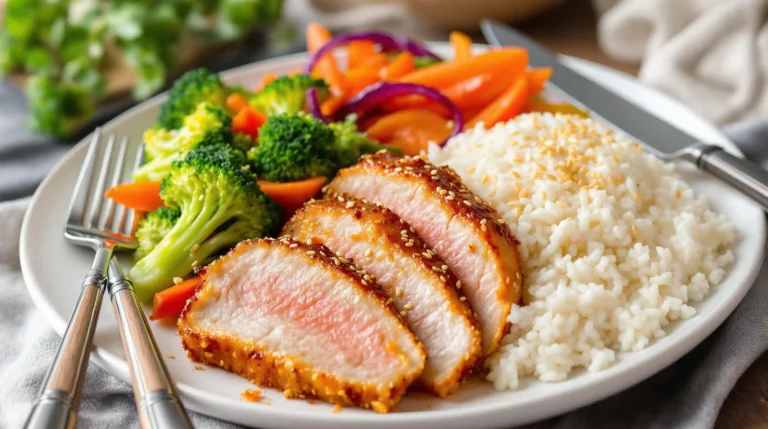 Crispy Air Fryer Pork Belly: A Deliciously Easy Recipe 3 Air fryer pork belly served with steamed vegetables and rice on a plate