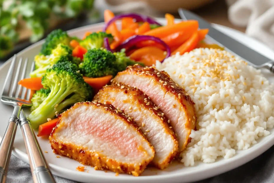 Air fryer pork belly served with steamed vegetables and rice on a plate