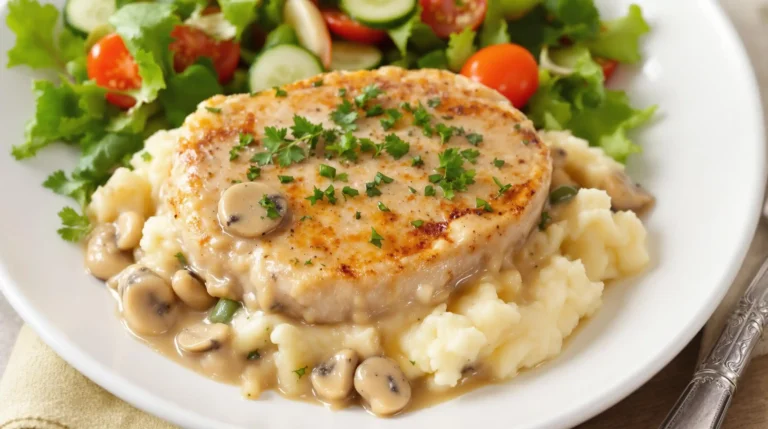 Delicious Pork Chop Casserole: A Comforting Family Favorite 5 A serving of pork chop casserole on a plate, garnished with fresh herbs and served with a side salad.