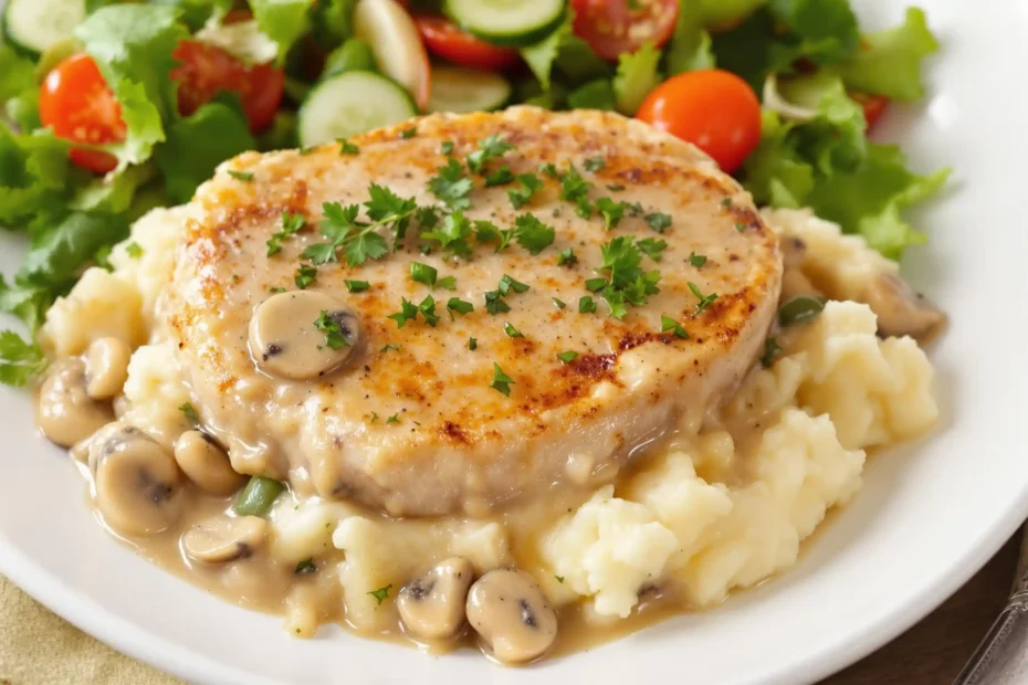 A serving of pork chop casserole on a plate, garnished with fresh herbs and served with a side salad.