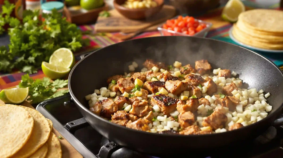 Pork shoulder being seared in a skillet with diced onions and garlic, showcasing the cooking process for pork tacos. Pork Tacos Recipe: Pork shoulder being seared in a skillet with diced onions and garlic, showcasing the cooking process for pork tacos.