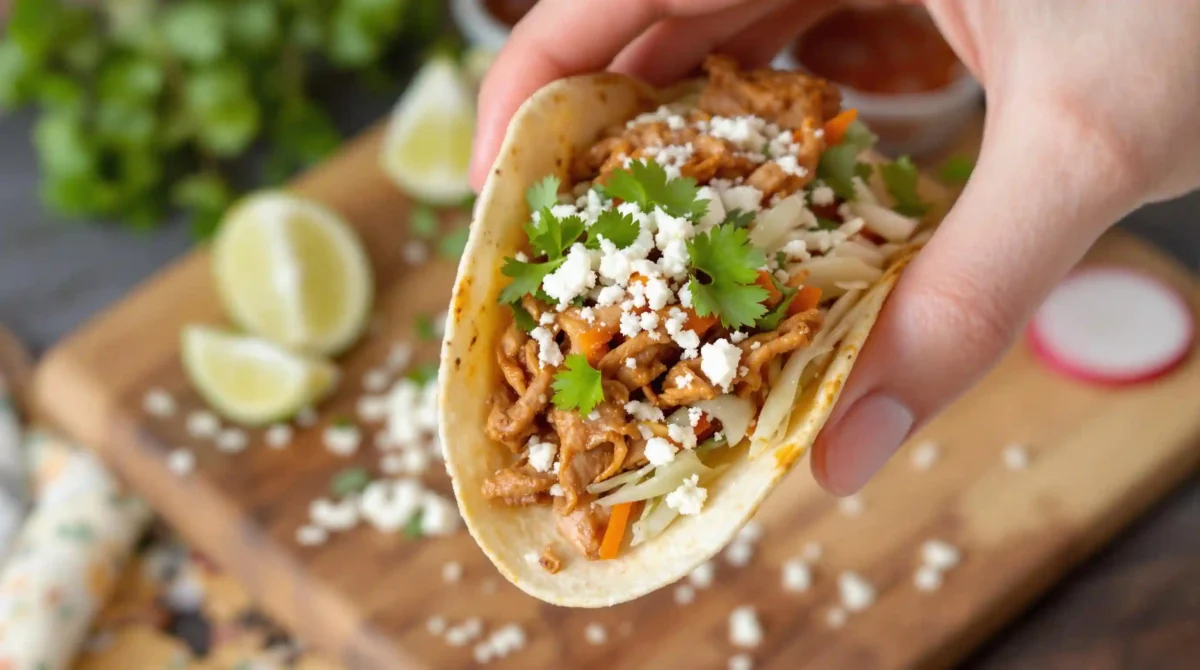 pork taco recipe: A hand holding a freshly made pork taco, ready to be enjoyed with lime wedges on the side Pork Tacos Recipe: A hand holding a freshly made pork taco, ready to be enjoyed with lime wedges on the side