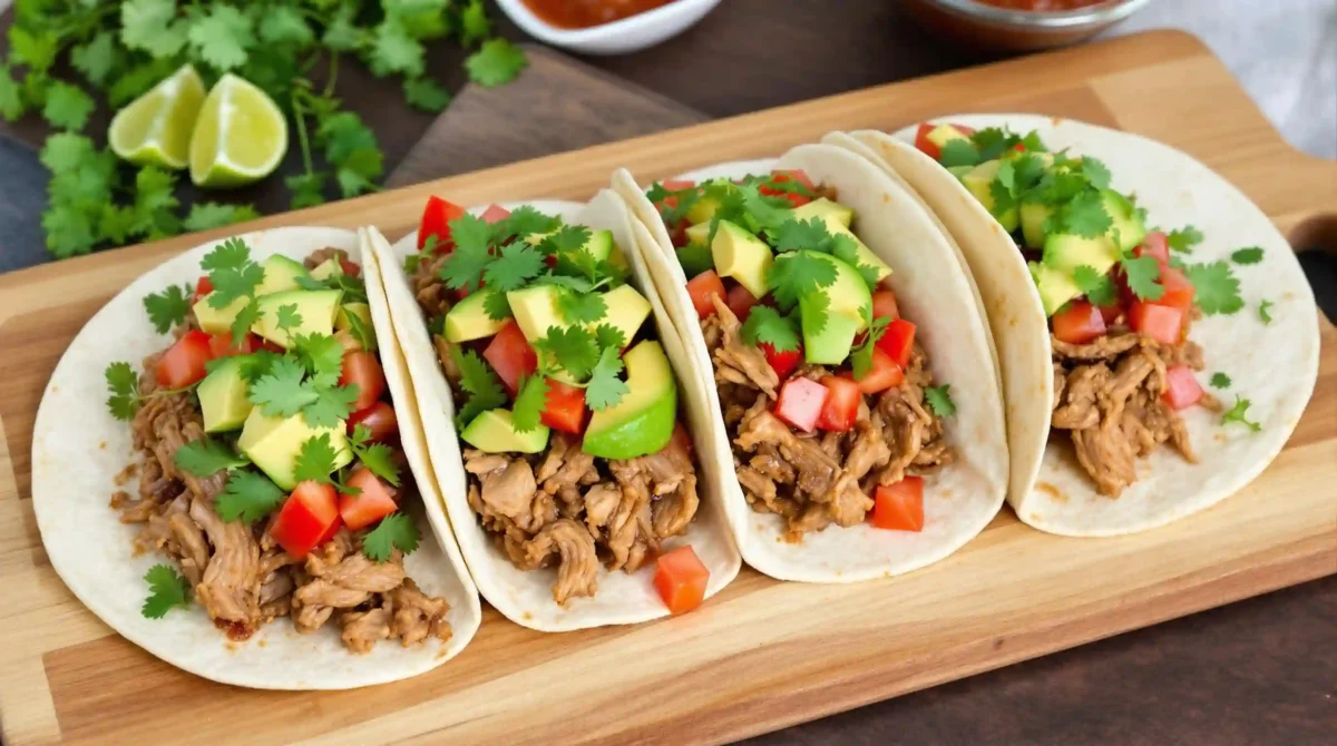 pork tacos recipe: Assembled pork tacos ready to be served, garnished with diced tomatoes and avocado slices pork tacos recipe: Assembled pork tacos ready to be served, garnished with diced tomatoes and avocado slices