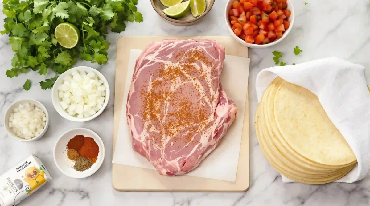 Ingredients for pork tacos laid out on a countertop, including pork shoulder, spices, tortillas, and fresh toppings Pork Tacos Recipe: Ingredients for pork tacos laid out on a countertop, including pork shoulder, spices, tortillas, and fresh toppings