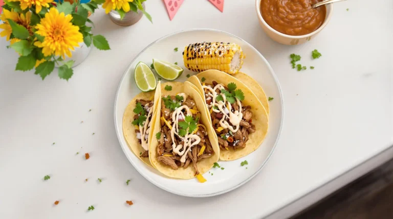 Pork Tacos Recipe: A plate of pork tacos served with Mexican street corn and refried beans, creating a complete meal