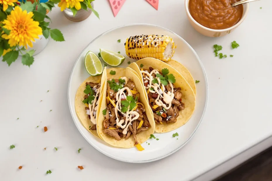 Pork Tacos Recipe: A plate of pork tacos served with Mexican street corn and refried beans, creating a complete meal