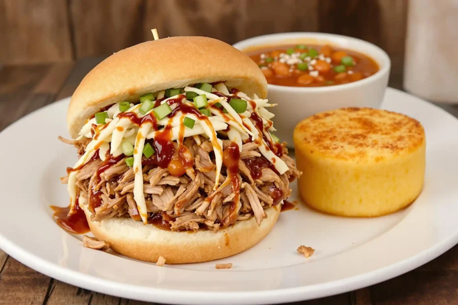 pulled pork rub​: A plate of pulled pork served with coleslaw, cornbread, and baked beans, perfect for a barbecue meal