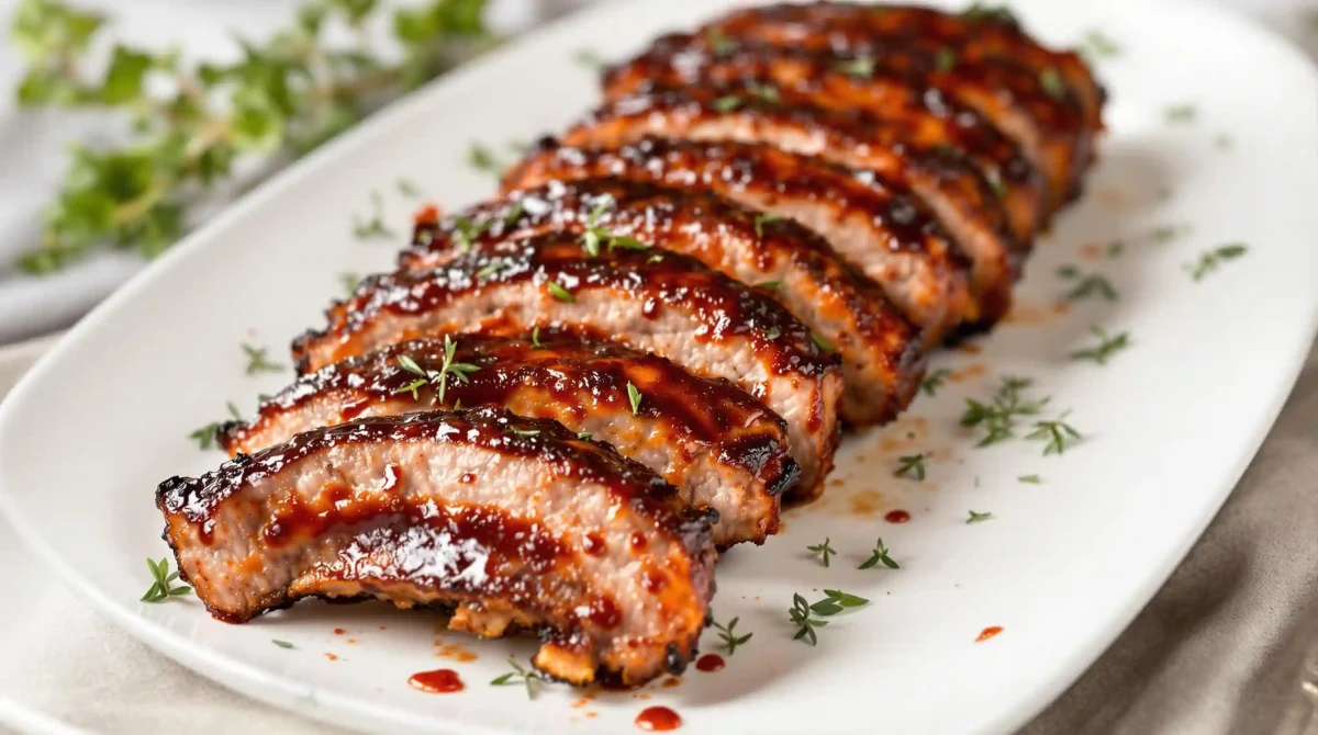 Juicy, grilled pork loin back ribs glazed with barbecue sauce, served on a platter. Juicy, grilled pork loin back ribs glazed with barbecue sauce, served on a platter.