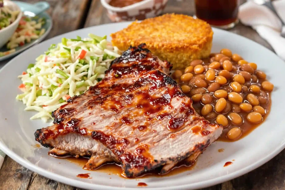 A plate of pork loin back ribs served with coleslaw, cornbread, and baked beans.