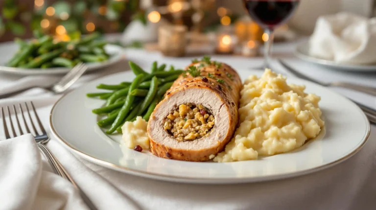 Stuffed pork loin recipe: Stuffed pork loin served with mashed potatoes and green beans