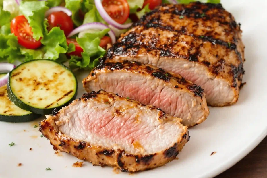 Grilled pork steak served with a side of grilled zucchini and a fresh garden salad