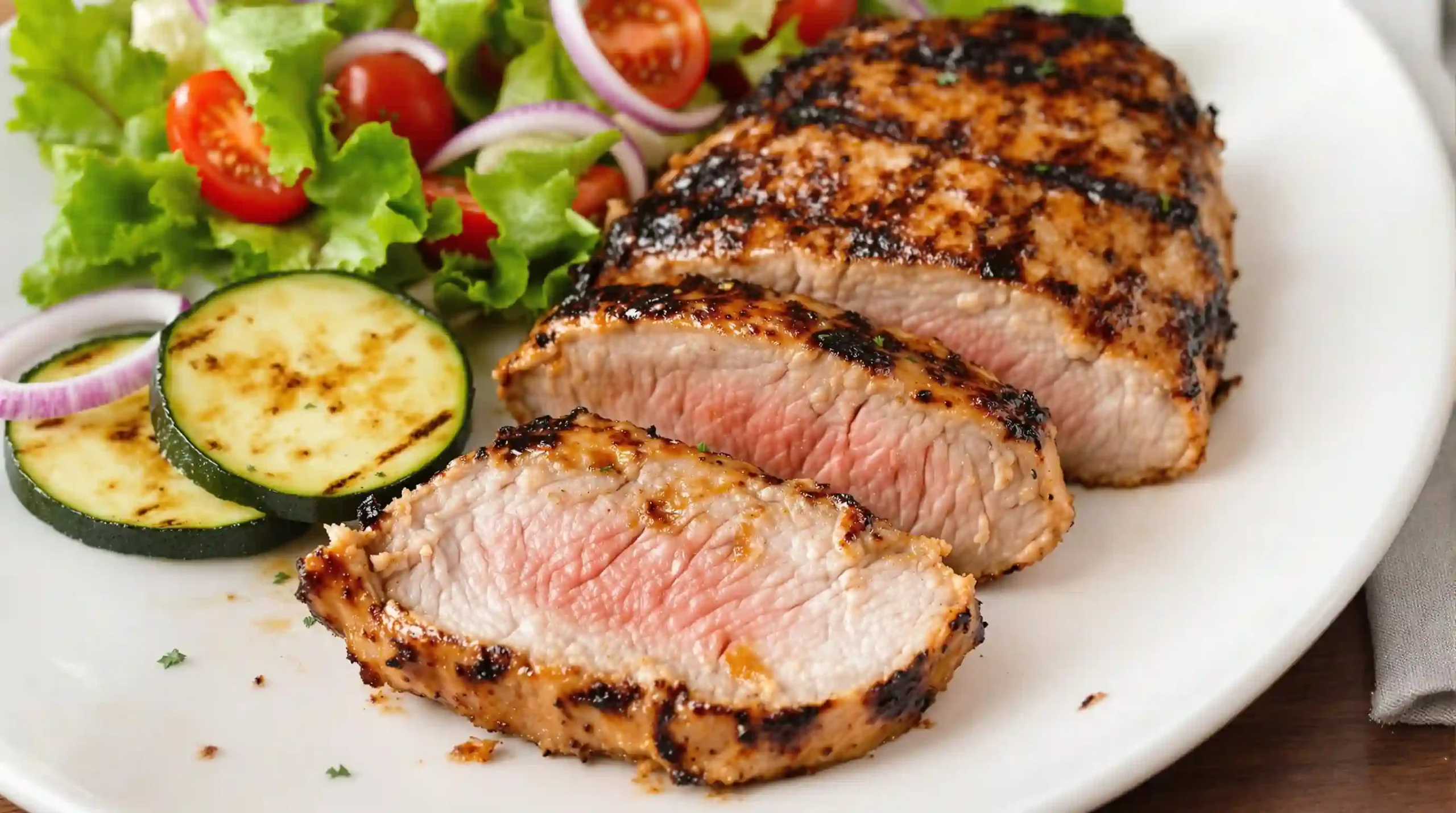 Grilled Pork Steak: The Ultimate Guide to Juicy Perfection 1 Grilled pork steak served with a side of grilled zucchini and a fresh garden salad