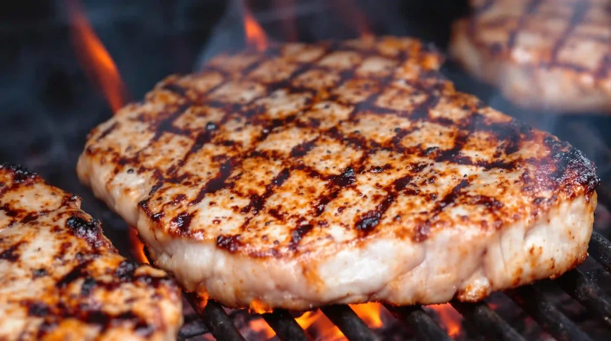 Grilled Pork Steak: Juicy pork steaks sizzling on a hot grill, showcasing grill marks and smoky flavor. Grilled Pork Steak: Juicy pork steaks sizzling on a hot grill, showcasing grill marks and smoky flavor.