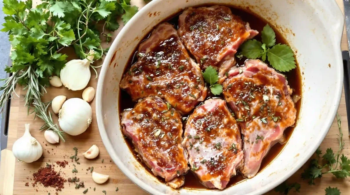 Grilled Pork Steak: Marinated pork steaks in a bowl, ready for grilling with herbs and spices Grilled Pork Steak: Marinated pork steaks in a bowl, ready for grilling with herbs and spices
