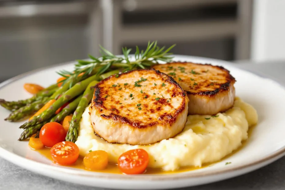 Plated thin pork chops in air fryer served with roasted vegetables and mashed potatoes