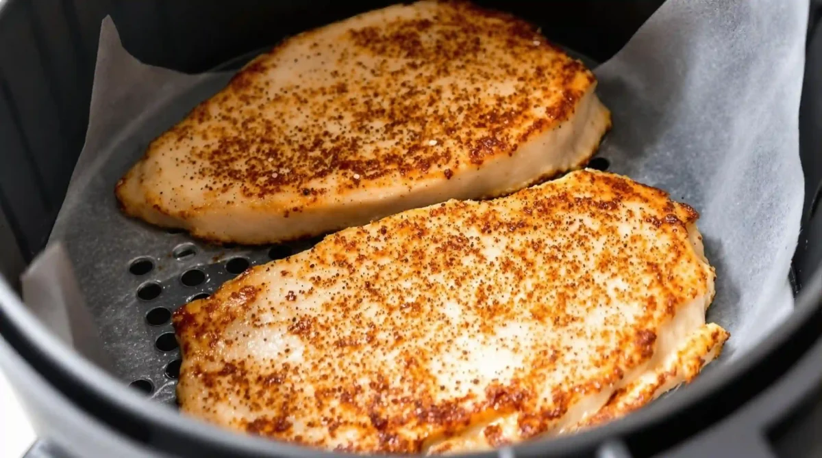 Perfectly cooked thin pork chops in air fryer, golden brown and juicy Perfectly cooked thin pork chops in air fryer, golden brown and juicy