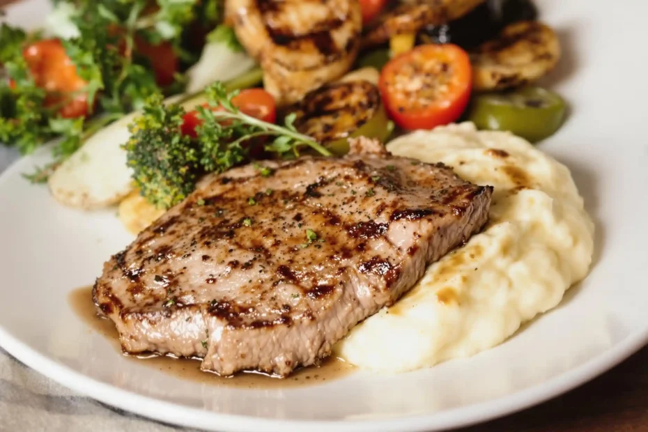 Pork ribeye steak served with garlic mashed potatoes and grilled vegetables