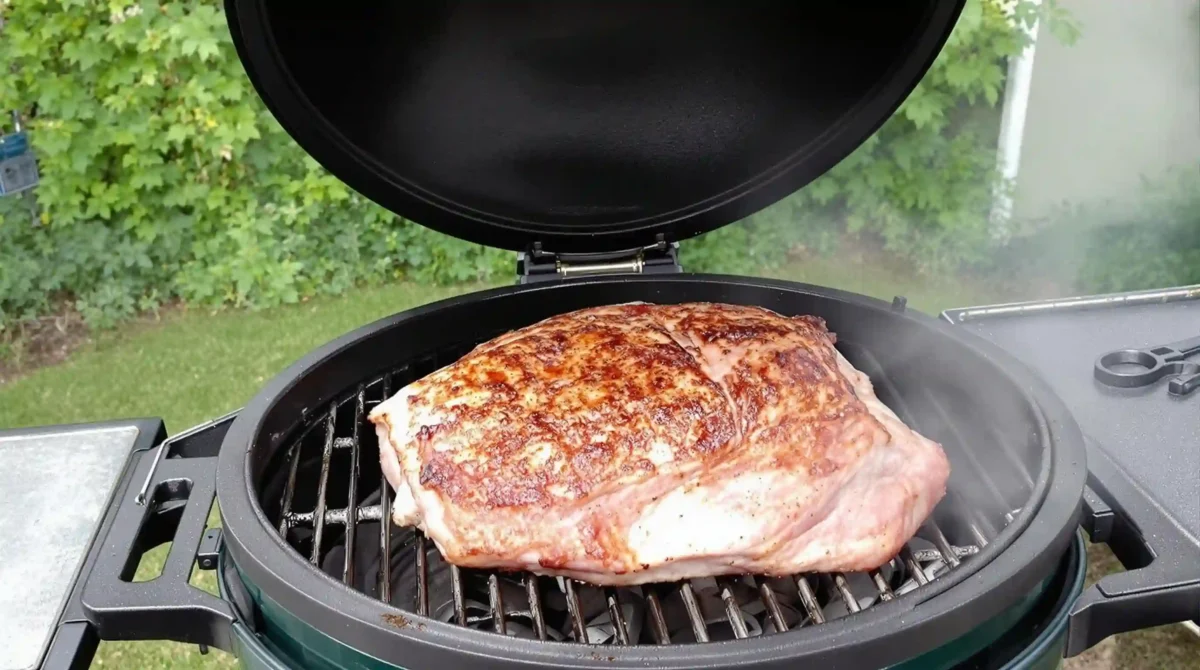 green egg pork butt: Green Egg grill in a backyard setting, with smoke rising from the top, and a pork butt placed on the grill grate green egg pork butt: Green Egg grill in a backyard setting, with smoke rising from the top, and a pork butt placed on the grill grate