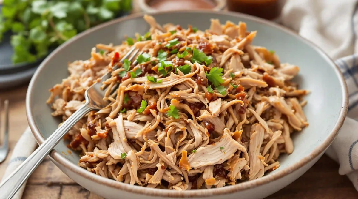 green egg pork butt: Shredded pulled pork in a bowl ready for serving green egg pork butt: Shredded pulled pork in a bowl ready for serving