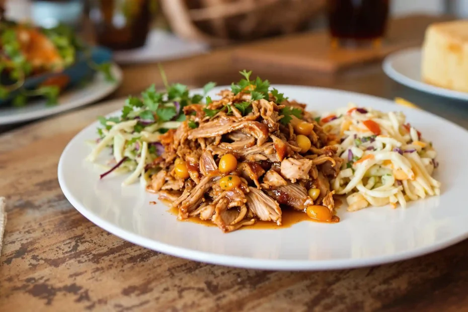 Plated meal featuring pulled green egg pork butt with sides