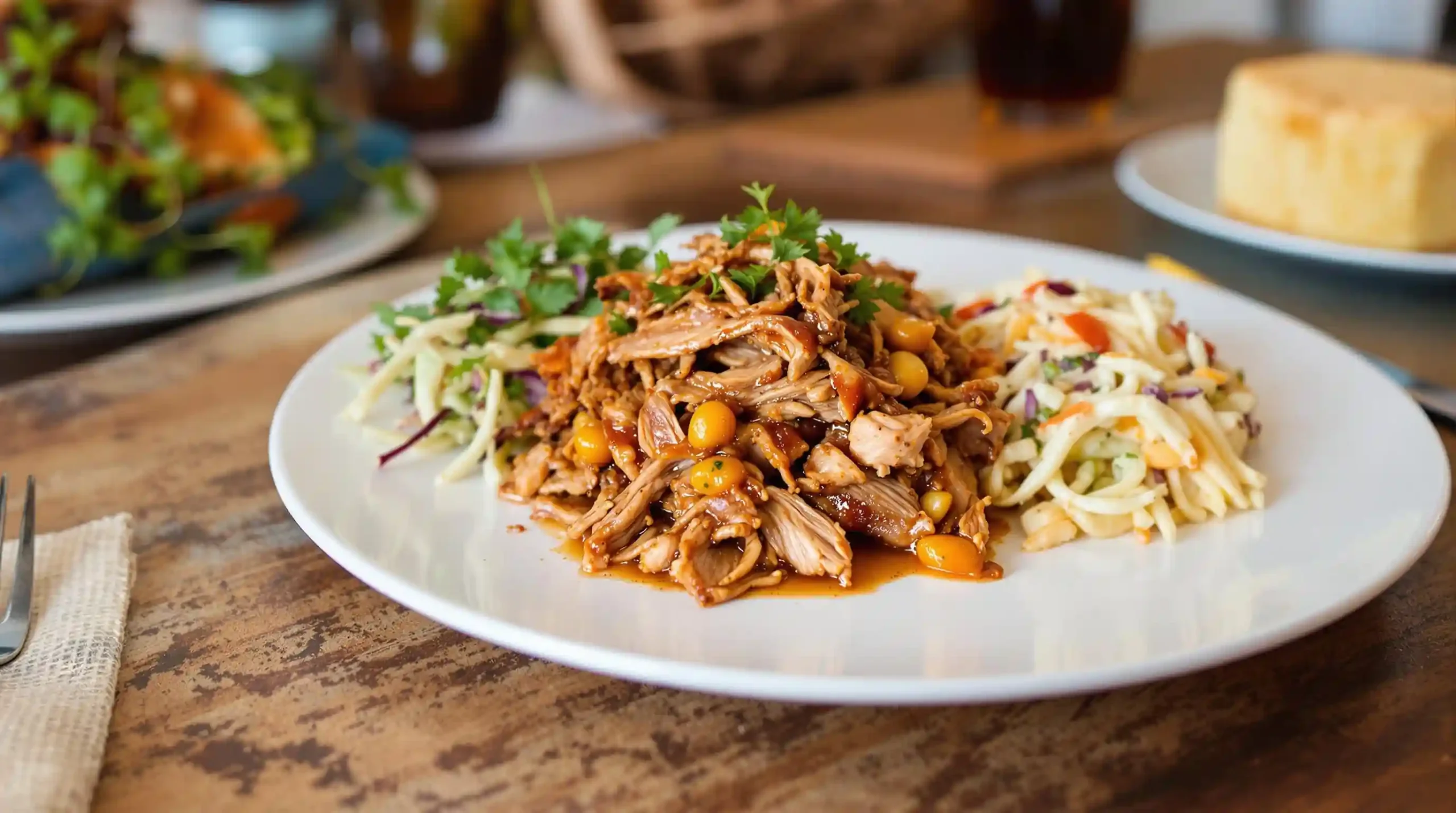 Perfectly Smoked Green Egg Pork Butt: A Flavorful Delight 1 Plated meal featuring pulled green egg pork butt with sides