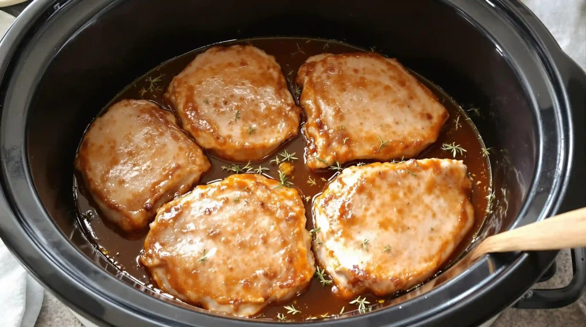crock pot pork chops: Crock pot cooking pork chops with sauce, ready to serve crock pot pork chops: Crock pot cooking pork chops with sauce, ready to serve