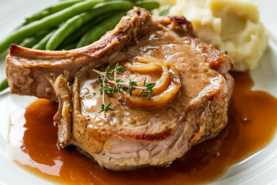 Deliciously tender crock pot pork chops served on a plate with sauce