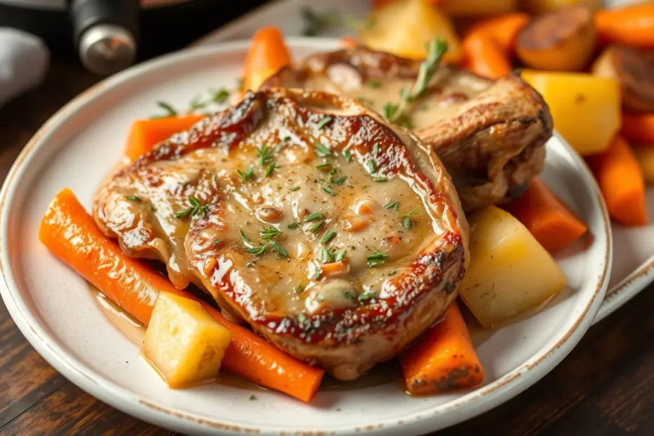 Delicious slow cooker pork chops served with vegetables