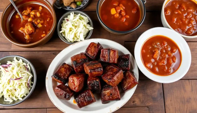 Pork Belly Burnt Ends: The Ultimate Guide to Tender, Flavorful Delights 5 Pork belly burnt ends served with coleslaw and baked beans.