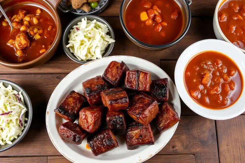 Pork belly burnt ends served with coleslaw and baked beans.