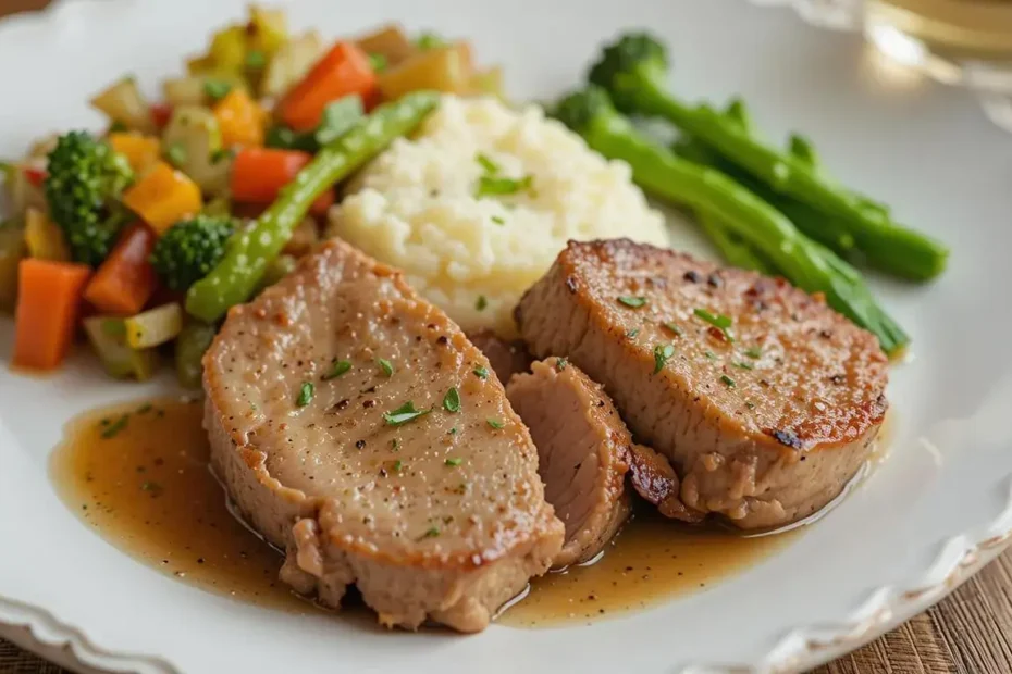 cooking thin pork chops​: A beautifully plated dish of thin pork chops served with mashed potatoes and steamed vegetables