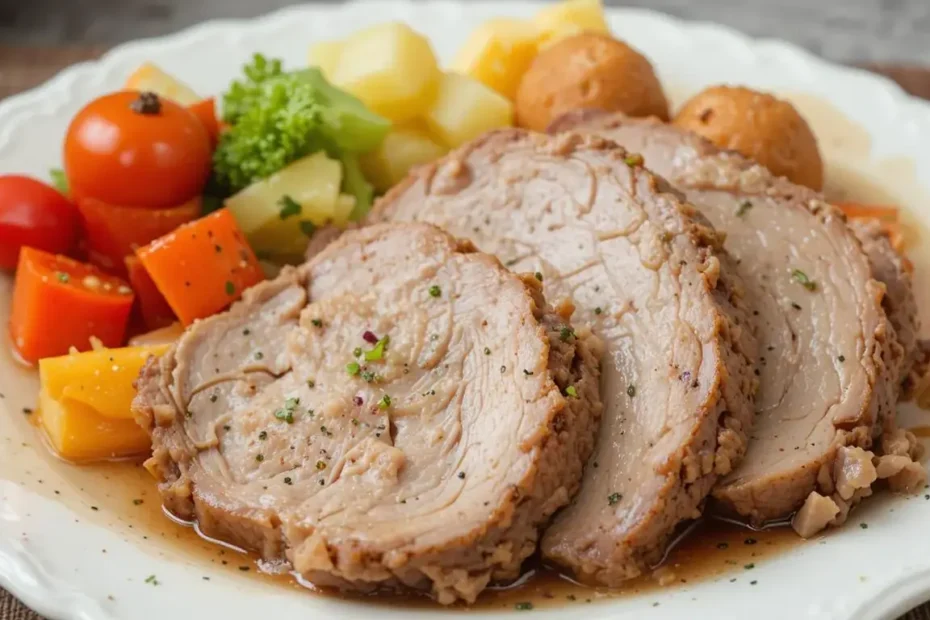 Delicious crock pot pork roast served with carrots and potatoes