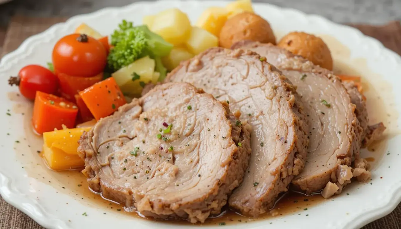 Delicious crock pot pork roast served with carrots and potatoes