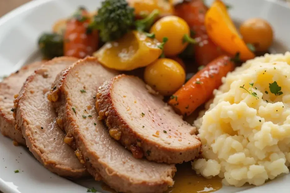 Served pork loin air fryer​ with sides of roasted vegetables and mashed potatoes