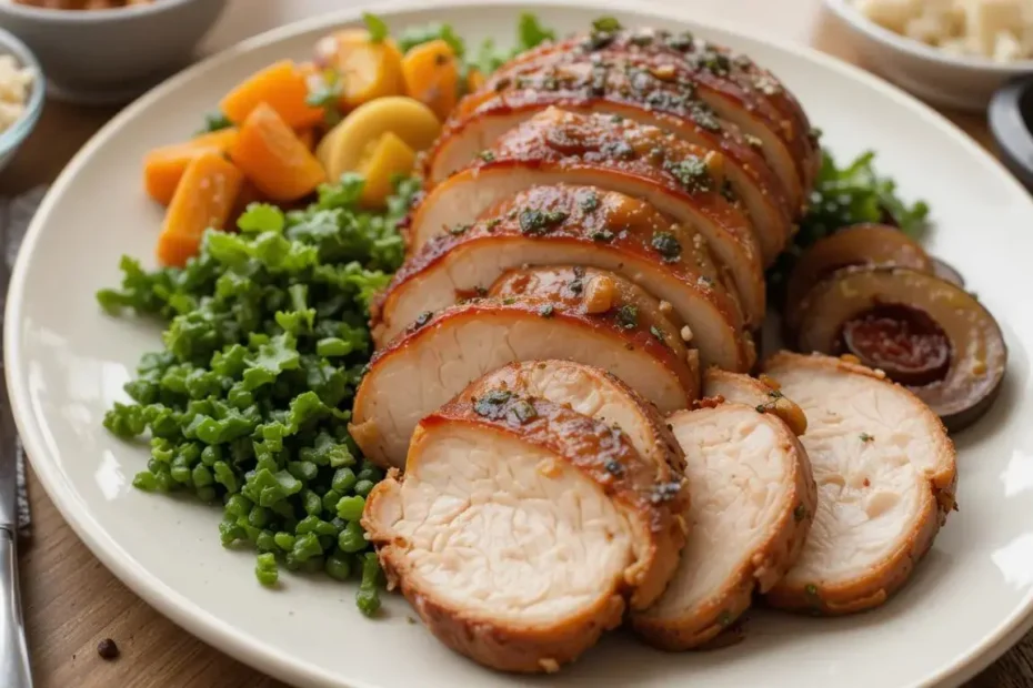 Sliced smoked turkey breast served with side dishes