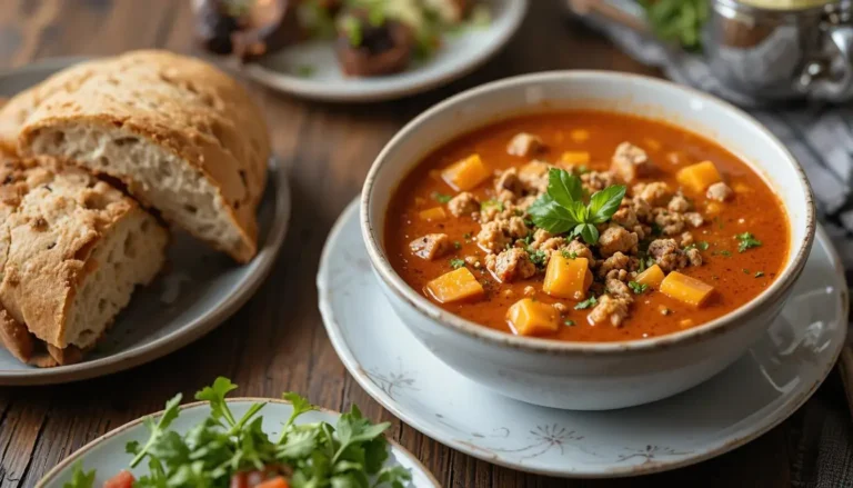 Ground turkey soup served with crusty bread and a fresh side salad