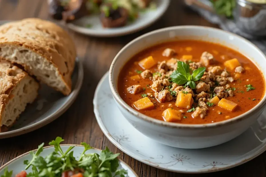 Ground turkey soup served with crusty bread and a fresh side salad