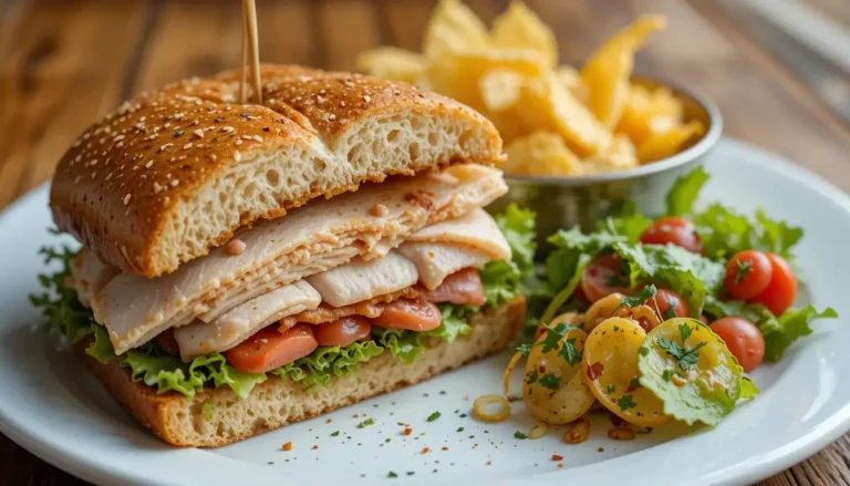 Turkey sandwich served with chips and a fresh salad on the side