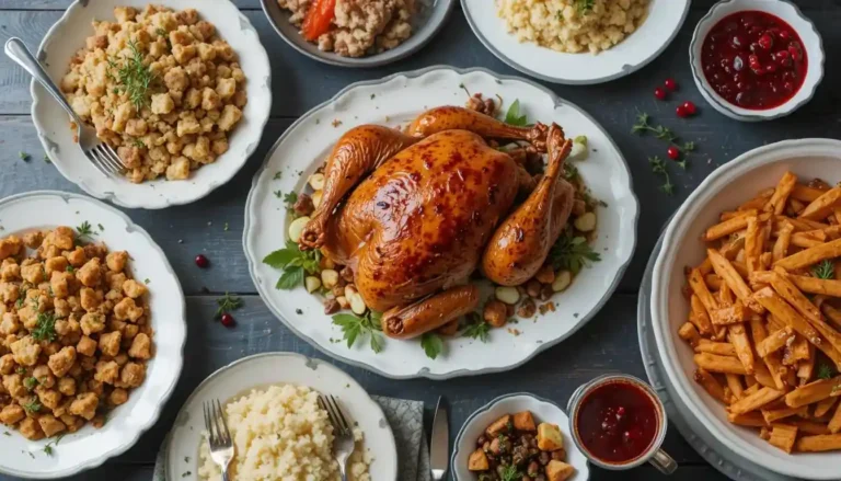 smoked turkey recipe: Complementary sides served with smoked turkey, including stuffing and cranberry sauce