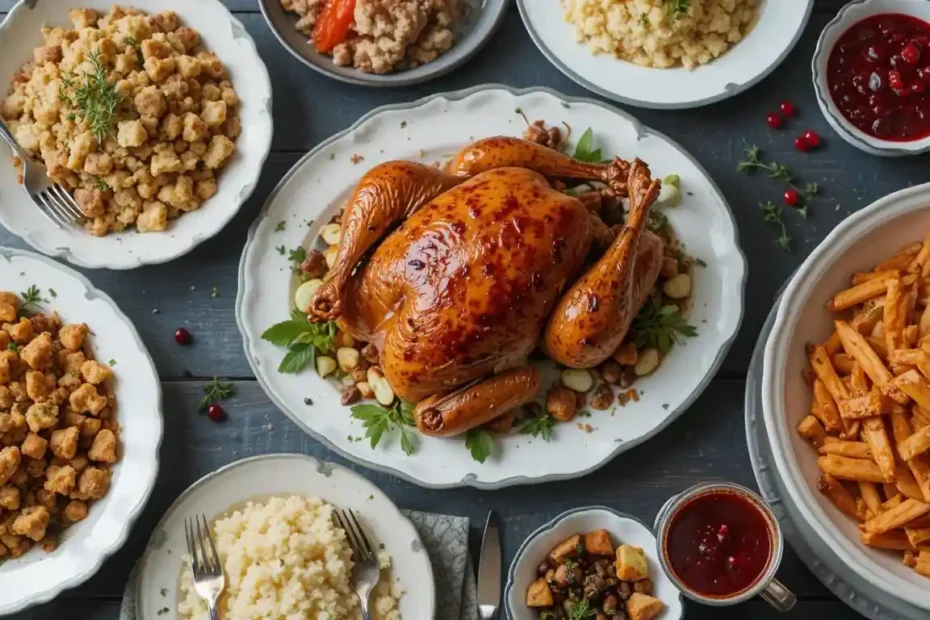 smoked turkey recipe: Complementary sides served with smoked turkey, including stuffing and cranberry sauce