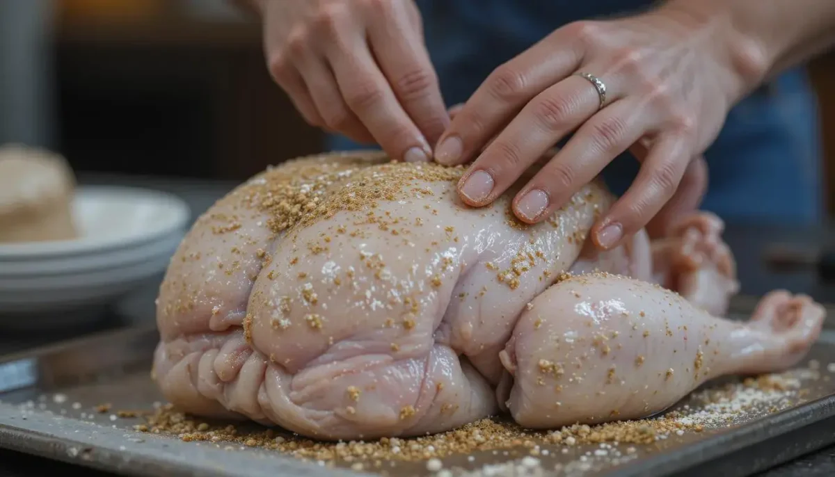 Preparing oven roasted turkey breast with seasoning and herbs Preparing oven roasted turkey breast with seasoning and herbs
