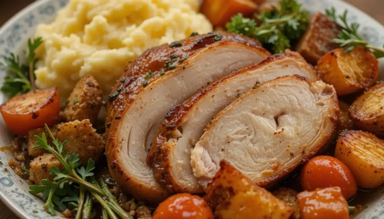 Oven roasted turkey breast served with garlic mashed potatoes and roasted vegetables.